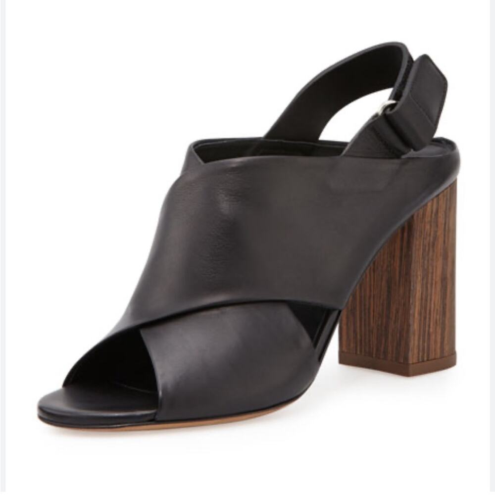 Vince | Women’s Black Faine Open Toe Leather Slingback Faux Wood Heel Crisscross